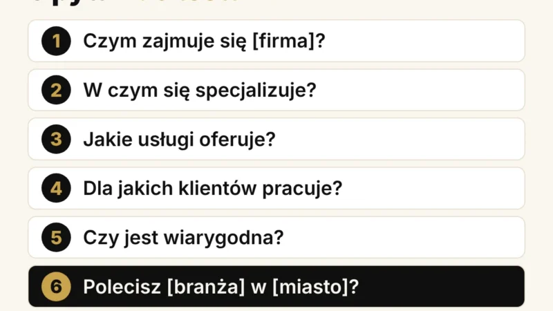 Sześć pytań do testu, co AI mówi o firmie: czym się zajmuje, w czym się specjalizuje, jakie usługi oferuje, dla jakich klientów pracuje, czy jest wiarygodna, oraz pytanie bez nazwy: polecisz branżę w mieście
